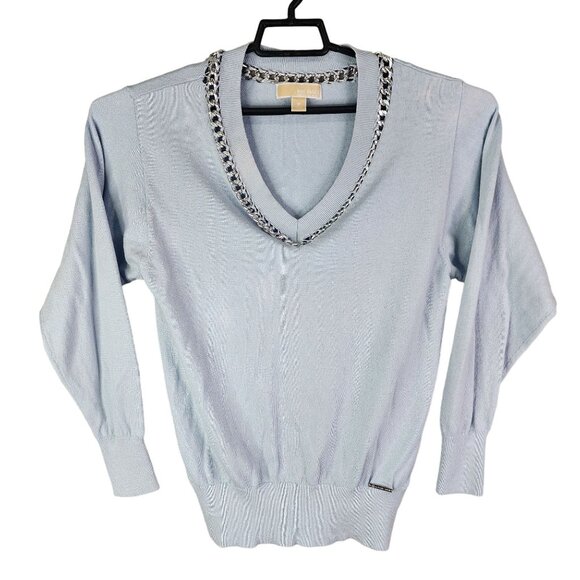 Womens Light Blue Michael Kors Sweater Chain Detail V-Neck Long Sleeve Size M - Picture 1 of 14